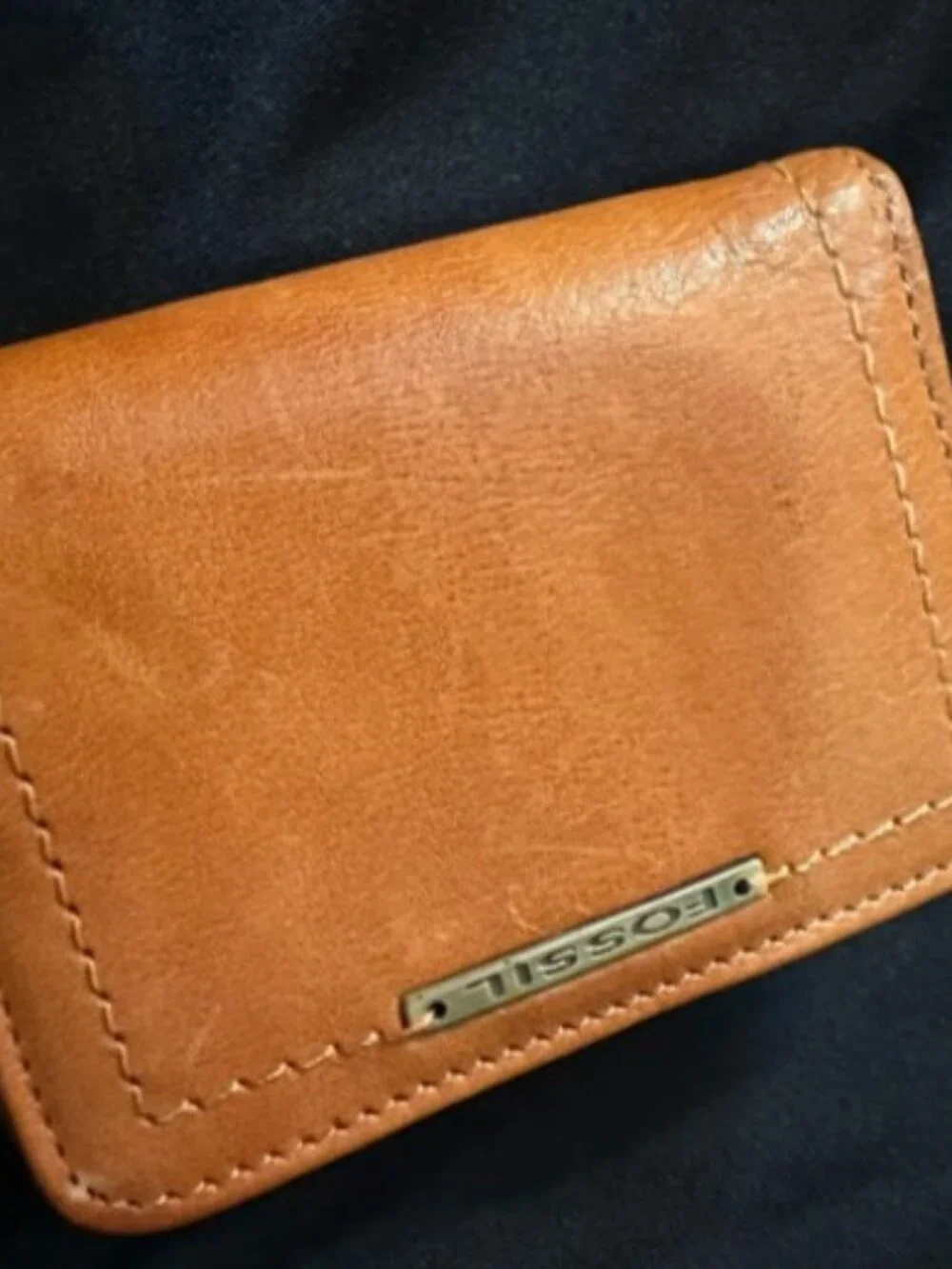 Fossil Leather Mini Wallet ID Coin Key Ring Brown Zip Snap